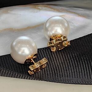 Gold-Tone White Pearl Double-Sided Stud Earrings